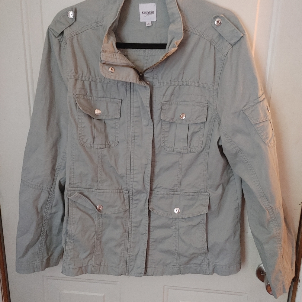 Kensie Jeans Jacket Women’s L Green /gray Zips Snaps Pockets Utility Cargo army